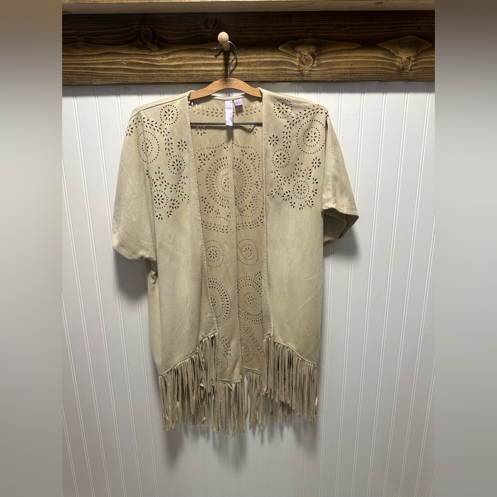 Alya Faux Suede Feel Beige Fringe Open Cut Out Cardigan Kimono Sz S boho tribal
